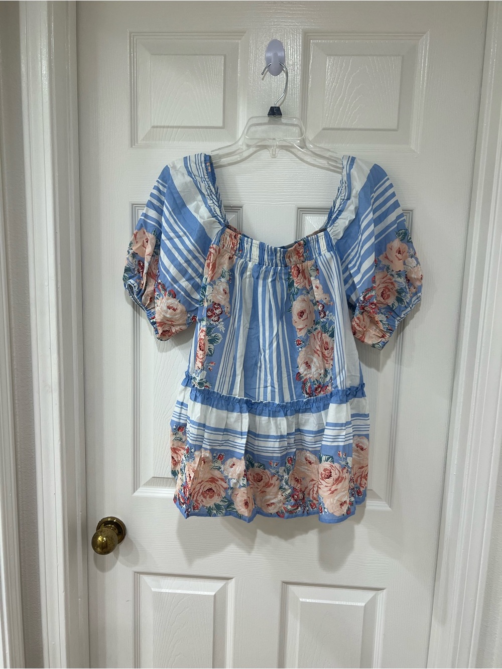 New Blue & White Striped Floral Puff Sleeve Peasant Top